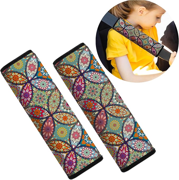 Mokiwala Car Seat Belt Pad Cover, 2-Pack Soft Car Safety Seat Belt Strap Shoulder Pad for Adults and Children, Suitable for Car Seat Belt, Backpack, Shoulder Bag (Pretty Mandala)