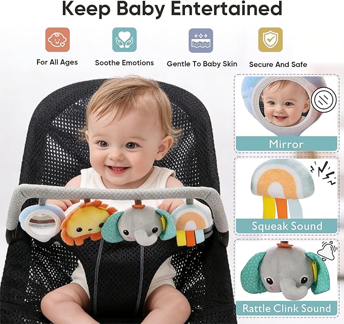 Baby Bouncer Toy Bar Soft with 4 Hanging Sensory Toys Attachment, Compatible with Baby Bjorn Bouncer, with Mirror, Rattle, Crinkle Sound for Babies All Ages (Colorful Animals)
