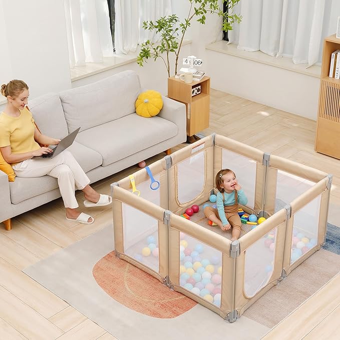 Dripex Small Foldable Baby Playpen, 49"x47" Small Space Play Yard for Travel - Portable Collapsible Play Pen for Babies, Indoor Outdoor Baby Fence, Beige