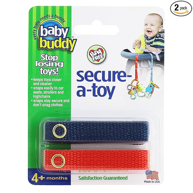 Baby Buddy Secure-a-Toy, Adjustable Pacifier and Teether Strap for Stroller, Highchair, and Car Seat, Navy Red, 2 Pack