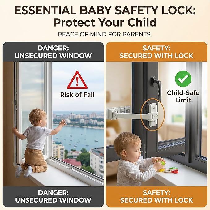 Premium Child Safety Locks – Adjustable, No-Drill & Easy-Install Home Safety Kit – Window Restrictor Lock