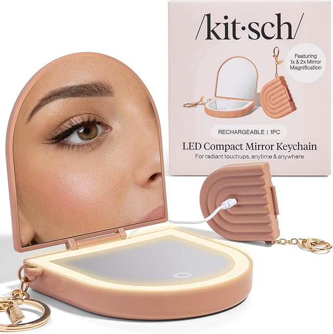 Kitsch Compact Mirror Keychain – Travel Makeup Mirror with Lights, Small Lighted Dual-Magnification Pocket Mirrors, USB-Rechargeable, Ideal for Your Touch-Ups While On Travel – Terracotta