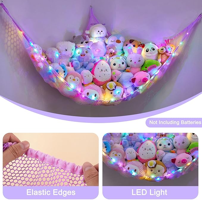 Unicorn Castle Stuffed Animals Net or Hammock Kids Toy Storage Organizer with LED Light Hanging Corner Stuffed Animals Holder Kids Girls Room Decor,Pink-Purple-Yellow,Large (Pack of 1)