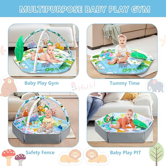 ZFDEBY Baby Gym Play Mat, 8-in-1 Tummy Time Mat & Activity Gym Mat Ball Pit with Detachable Toys, Washable Infant Play Mat for Visual, Hearing, Sensory, Motor Development, Newborn Baby Toys Gift for Toddler 0-3-6-9-12 Months Easy to Install