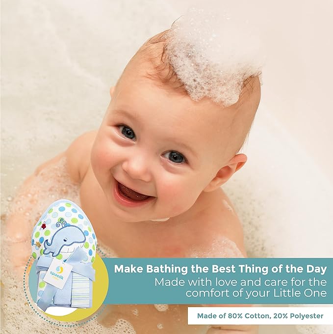 Spasilk Baby Bath Hooded Terry Towel with 3 Washcloths, Baby Bath Essentials, One Size, Blue Whale (Pack of 3)