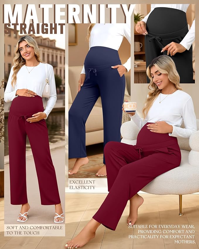 3 Pcs Maternity Sweatpants Over The Belly Pregnancy Straight Wide Leg Elastic Drawstring Pants Joggers with Pockets