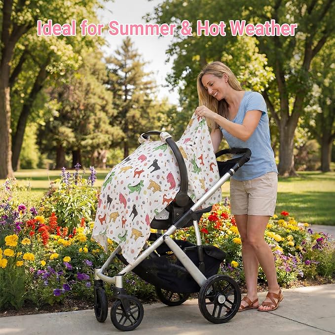 Metplus Car Seat Cover Baby, 100% Muslin Cotton Infant Carseat Covers for Boys and Girls, Lightweight Breathable Canopy, Summer Stroller Sun Shade, Newborn Travel Essentials(Dog)