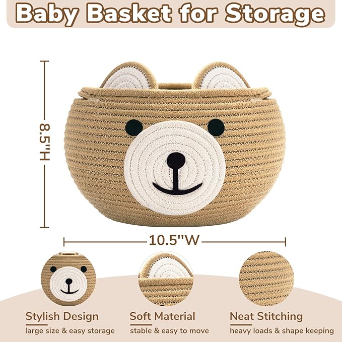 CherryNow Cotton Rope Baby Basket for Nursery, Bear Gift Baskets for Kids, Empty Baby Shower Basket with Handles, Small Cute Animal Baskets, Brown, 10.5"D x 8.5"H