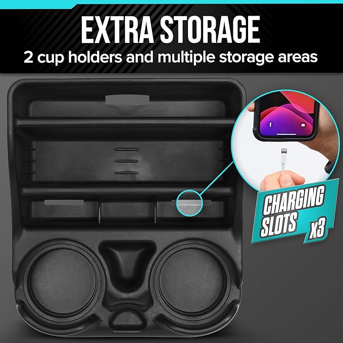Small Center Console for Cars, Trucks, Minivans, SUVs, Vehicle Organizer, Cup Holders, Recycled Plastic, Made in USA (Black)
