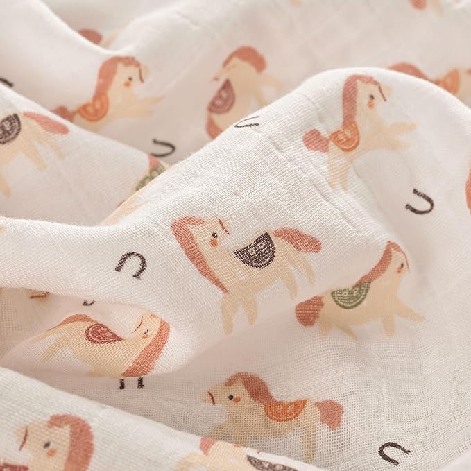 Muslin Swaddle Blankets for Newborn, 4 Pack Cotton Baby Blankets, Large 31.5 x 43.3 inch Breathable Soft Receiving Blanket, Essentials Swaddle Wrap Burping Clothes, Orange Rainbow Horse