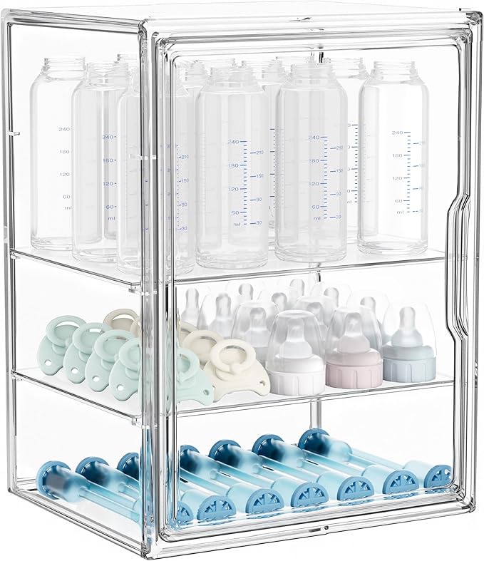 HBlife Baby Bottle Storage Organizer for Countertop Cabinet, 3 Tiers Adjustable Clear Acrylic Bottles Storage Station Case Box Container with 2 Removable Dividers and Magnetic Door, Large