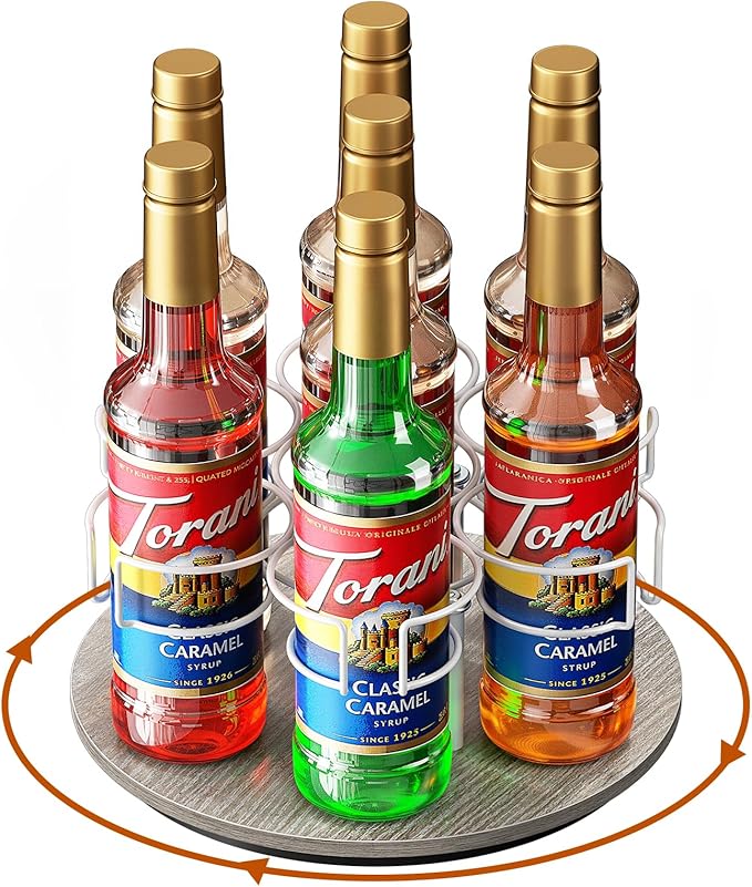 Rotating Coffee Syrup Organizer, 7 Bottles Coffee Syrup Rack for Countertop, Rotating Water Bottle Organizer for Stanley Simple Modern Owala Yeti, White