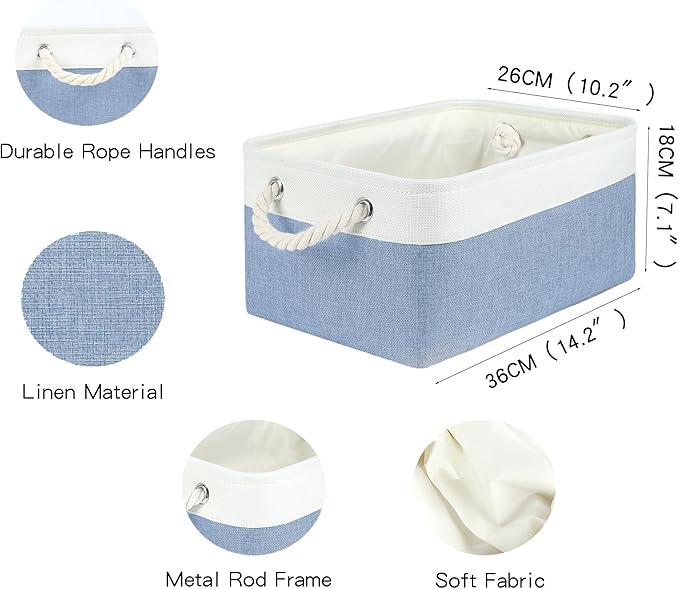 LordCom Storage Bins with Sturdy Cotton Handles(3 Pack), Fabric Storage Baskets for Organizing use for Office & Home, Book, Clothes, Toys, Closet Boxes (Medium, Blue-White, 14.2x10.2x7.1 inches)