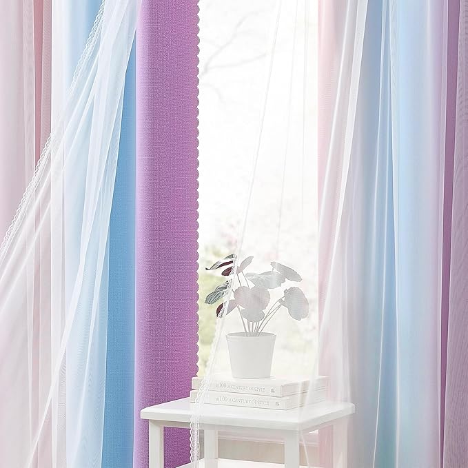 XiDi Girls Rainbow Blackout Curtains for Bedroom 2 Panels 63 Inches Long Thermal Insulated Pink Purple Double Layer Curtains with Sheer Overlay for Nursery Kids Room Decor Grommet Drapes W34XL63