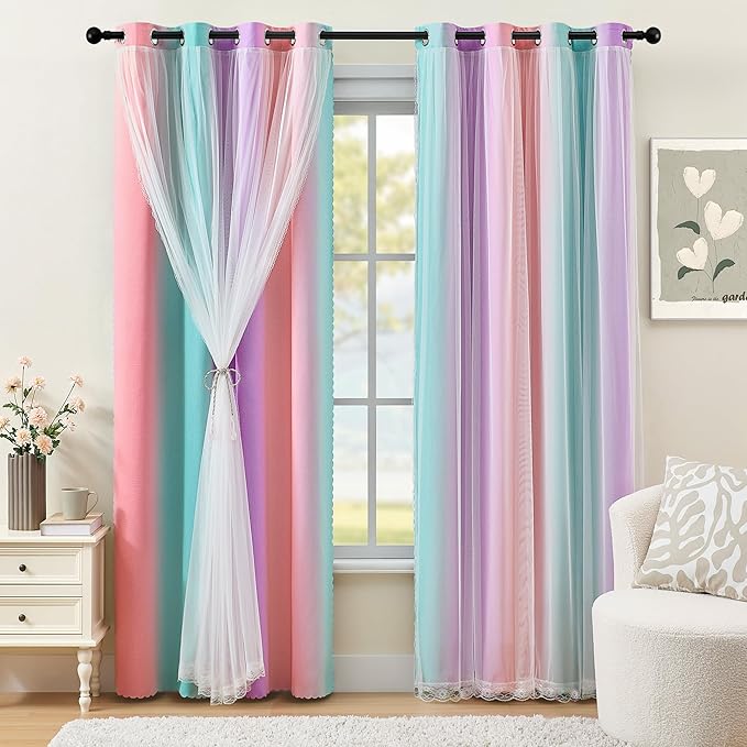 XiDi Double Layer Curtains for Nursery Girls Bedroom 84 Inches Long Full Blackout for Kids Princess Room Colorful Rainbow Design Unicorn Wall Decor Ombre Pink Purple Green Curtains W34 X L84 2 Panels