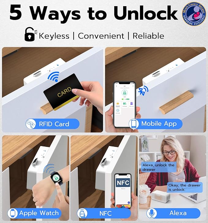 Anweller Smart Cabinet Lock, Hidden No Drill Adhesive Baby Proofing Child Proof Drawer Locks, Keyless RFID Bluetooth Pink Cabinet Locks for Adults File Kitchen Cupboard Closet Liquor - Pink