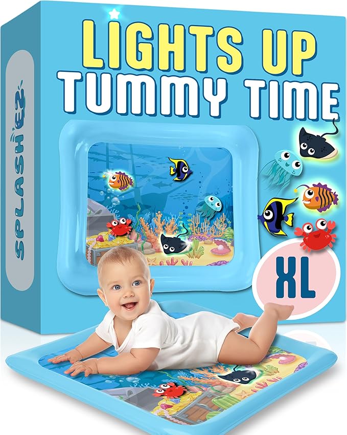 SplashEZ Lights Up Tummy Time Water Mat for Babies, Large Baby Water Mat Tummy Time for Sensory Play with LED Glowing Fishes, Inflatable Fun Play Pad for Infants & Toddlers 3 to 36 mo