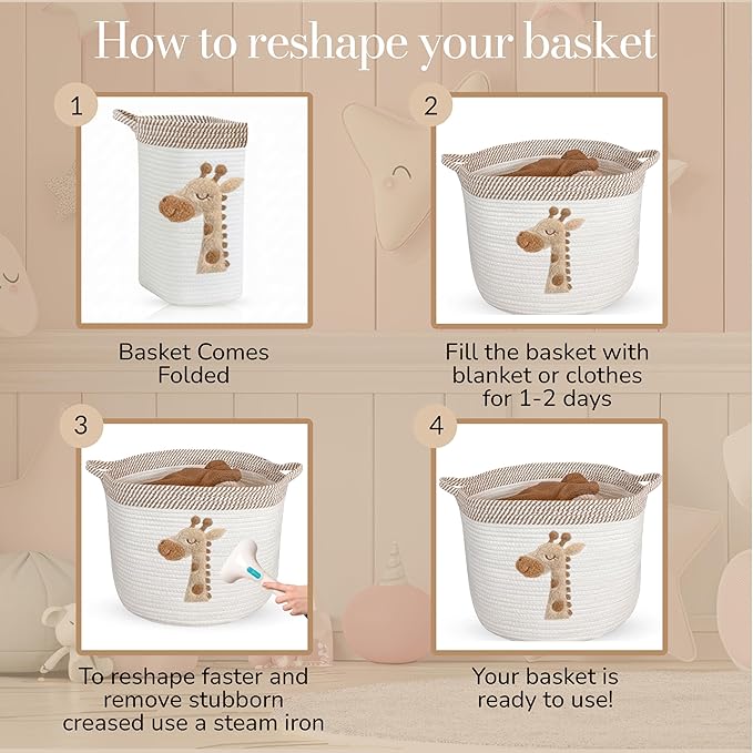 Giraffe Storage Basket for Nursery – Large 15”x11” Cotton Rope Bin with Soft Felt Animal Patch – Toy Organizer, Baby Laundry Hamper, Diaper & Towel Holder – Foldable, Washable & Baby-Safe