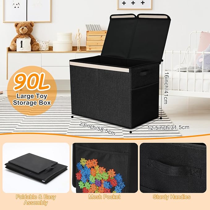 Fiwochic 3 Pack 23" Large Toy Storage Box with 11" Cubes Bins, Collapsible Toy Organizer Chest with Lids for Kids Nursery Playroom Bedroom Living Room Christmas Ornament Storage Box(Black)
