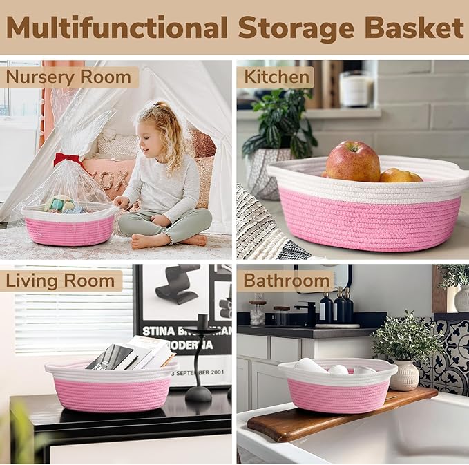 Goodpick Easter Basket with Handles for Kids, Small Basket for Organizing Diapers, Towels, Cute Decorative Baskets,Toy Storage Baskets, 12"x 8" x 5", Pink