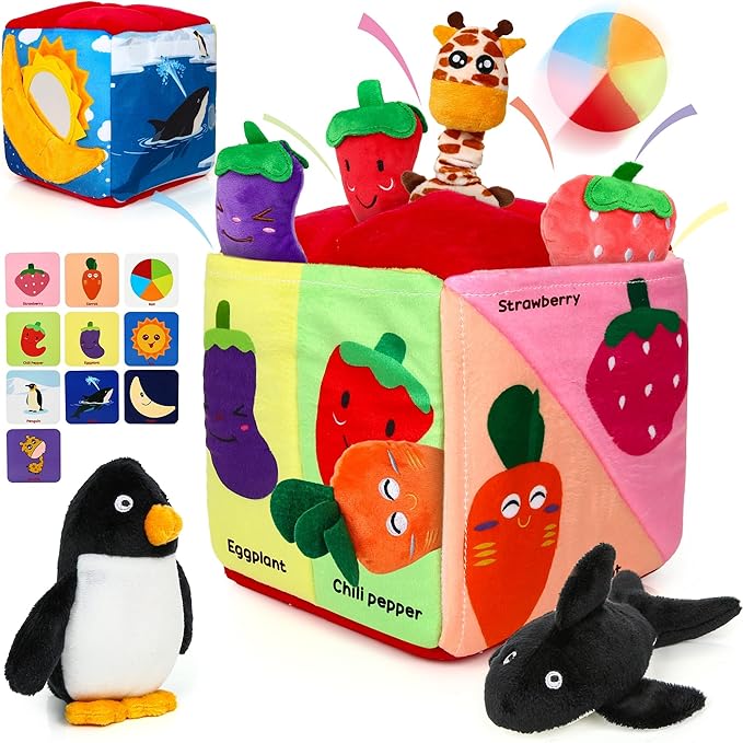 Baby Box Toy - Baby Toys 6-12 Months Montessori Toys for 6 Month Old with Animals, Fruits, Balls, Squeaky Sounds, Mirror, Gifts for Babies
