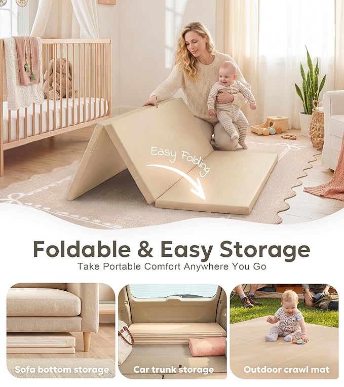 Mallify Foldable Baby Play Mat, 50''x50'' Waterproof Thicken Foam Vegan Leather Playpen Mat for Infants and Toddlers, Portable Baby Mat for Floor, Beige