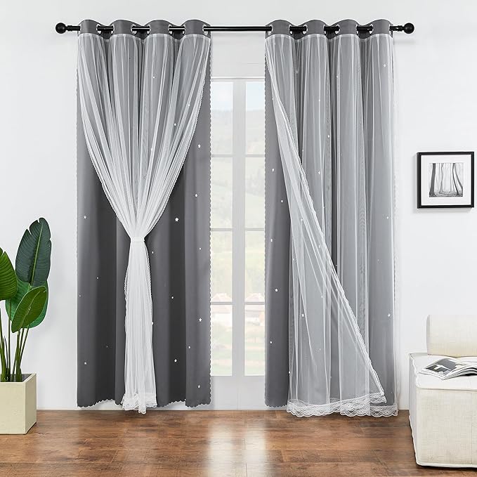 XiDi Grey Curtains for Bedroom 63 Inches Long 2 Panels Hollow Star Curtains Thermal Insulated Modern Luxury Unicorn Decor for Little Girl Kids Room Living Room Gray Blackout Curtains 34W x 63L