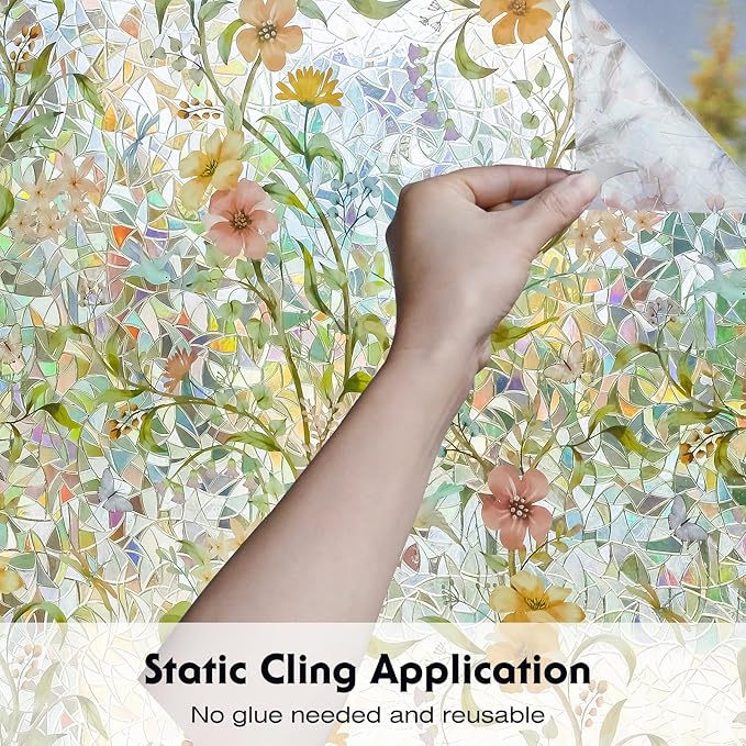 Volcanics Stained Glass Window Film with Installation Tools, Rainbow Window Privacy Film, Decorative Window Clings for Glass Windows, Static Cling Sun Blocking Floral Decals, 17.5 x 78.7 Inch