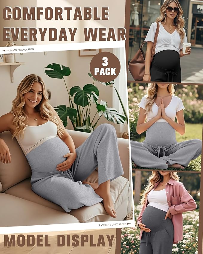 3 Pcs Maternity Sweatpants Over The Belly Pregnancy Straight Wide Leg Elastic Drawstring Pants Joggers with Pockets