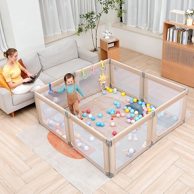 Dripex Foldable Baby Playpen, Extra Large 71"x69" Collapsible Play Pen for Babies - Indoor Outdoor Play Yard with Adjustable Shapes, Baby Fence Play Area with Visible Mesh, Beige