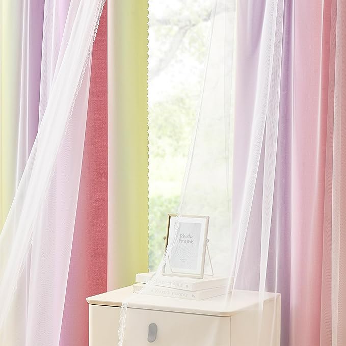 XiDi Pink Yellow Curtains 84 Inches Long 2 Panels for Girls Bedroom Blackout Curtains with Sheer Overlay for Kids Princess Nursery Room Darkening Mix & Match Double Layer Grommet Drapes W34 X L84