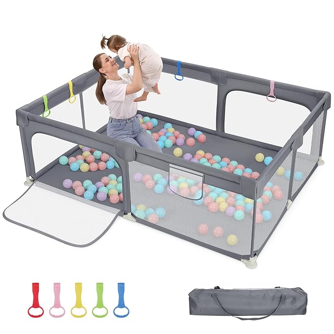 Dripex Large Baby Playpen 71×59 Inch, Large Playpen for Babies and Toddlers- Indoor & Outdoor Kids Safe Play Yard, Soft Breathable Visible Mesh, Anti-Fall & Anti-Slip Design Baby Fence, Light Grey