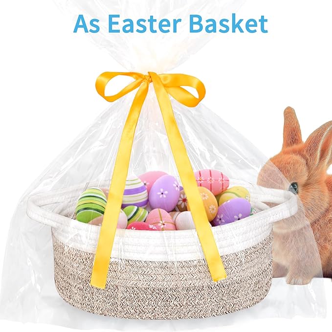 ABenkle Small Basket with Gift Bags and Ribbons, Empty Gift Baskets for Mother's Day, Decorative Boho Rope Woven Nursery Storage Organizer Toy Baskets with Handle for Baby Showers, 12"X 8" X 5"
