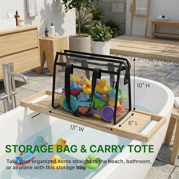 HOLAY 4 Pack Clear Toy Storage Bags with Handle –Playroom Organizer Bins for Kids Toys, Board Games, Busy Bags, and Homeschool Supplies, Transparent PVC Front & Reinforced Base (Black, X-Large)