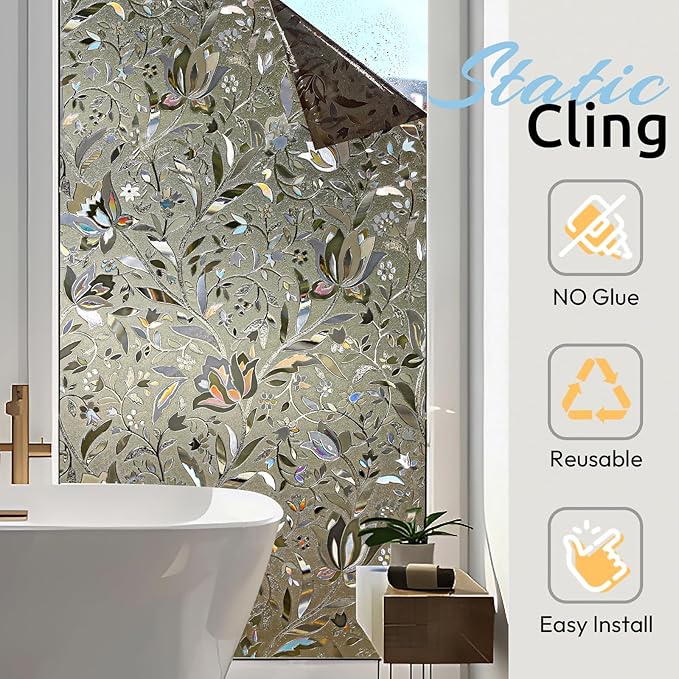 rabbitgoo Window Privacy Film, Decorative Stained Glass Window Film, Heat Blocking Glass Clings, Renter-Friendly Static Cling Frosted Sticker Covering for Home, Taupe Tulip 23.6" x 118.1"