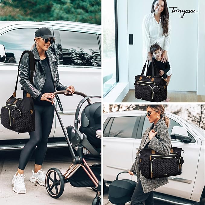 Tonyeee Diaper Bag Tote, Large Diaper Bags Waterproof, Hospital Bag for Labor Delivery, Baby Bag with Pacifier Case, Travel Diaper Tote with Changing Pad, Black