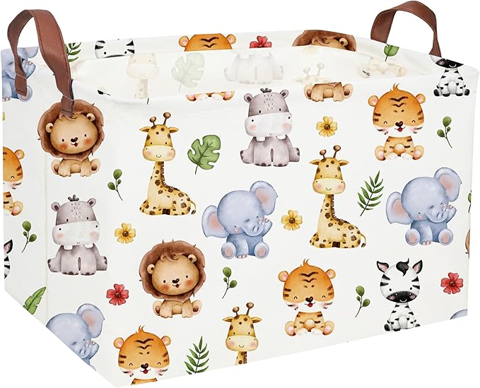 Sanjiaofen Rectangular Kids Storage Bins,Baby Baskets Organizer.Waterproof PE Coating Cute Basket with Handles.Woodland Nursery Decor,Toys Box,Books Basket, (Cute Animal)