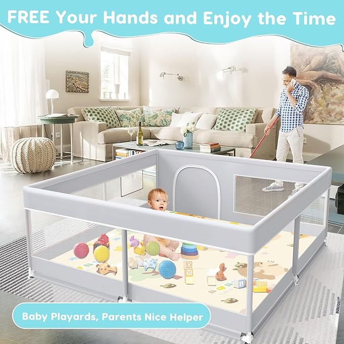 Fshibila Baby Playpen with Mat, Baby Playard for Toddlers, Sturdy Safety Play Yard with Soft Breathable Mesh, Anti-Fall, 50 * 50 * 27 inches Grey