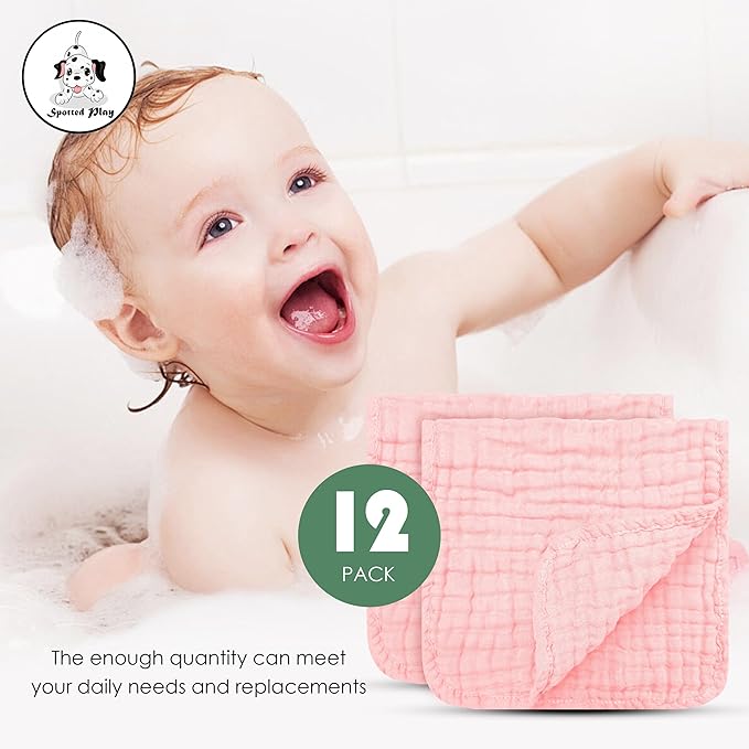 Spotted Play Muslin Burp Cloths 100% Cotton Large 20''x10'' Extra Soft and Absorbent Baby Wash Cloths Spit Up Rags - Baby Burping Cloth for Boys Girls Items(12 Pack Pink)