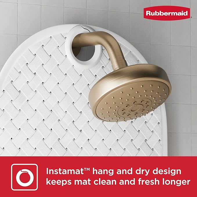 Rubbermaid INSTAMAT Bath Tub Shower Mat, Non-Slip Tub Mat with Suction Cups, Bath Mat Hangs on Showerhead for Quick Dry, 27.2 x 15.2 Inch, BPA-Free, Easy to Clean, for Inside Tub or Shower, White