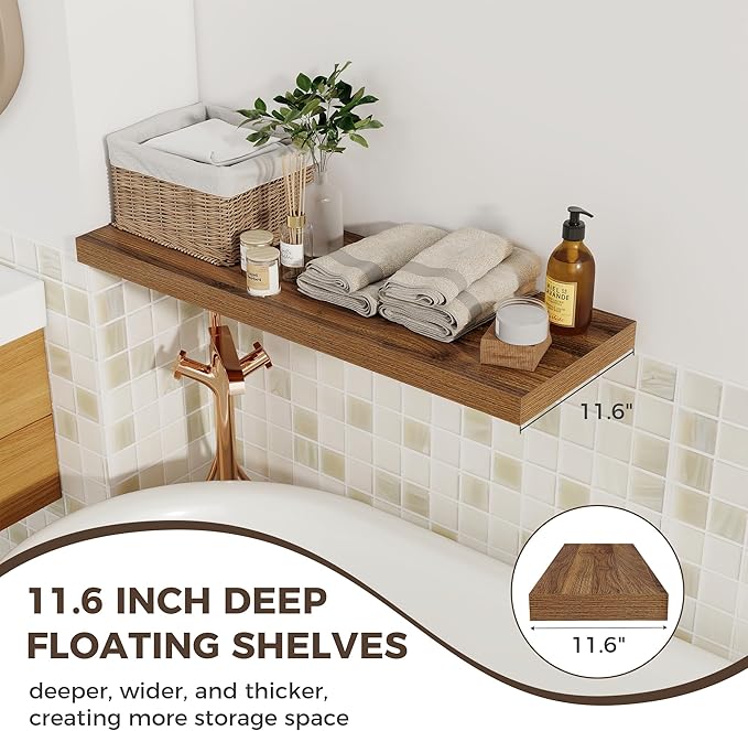 Fun Memories Deep Floating Shelves, 36" W x 12" D Wood Floating Shelves for Wall, 2 Pack Extra Deeper & Thicker Wall Mounted Storage Shelf for Living Room Laundry Room Kitchen Home Office, Walnut