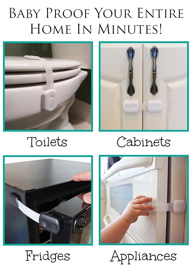 Baby Safety Locks | Child Proof Cabinets, Drawers, Appliances, Toilet Seat, Fridge and Oven | Tools Not Required | Uses 3M Adhesive with Adjustable Strap and Latch System (6-Pack, White)