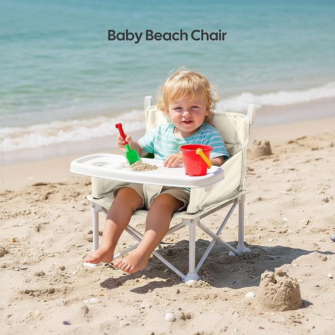 Cochildor 4-in-1 Portable Baby Chair, Foldable Toddler Booster Seat with Removable Tray, Canopy & Safety Harness, Beige