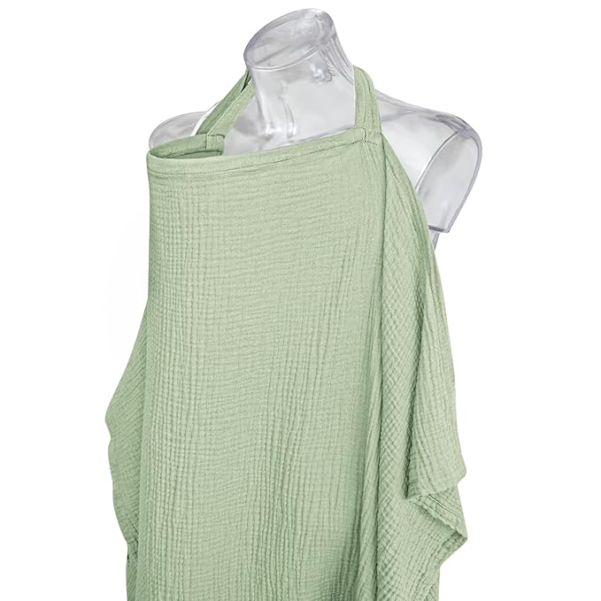 Konssy Muslin Nursing Cover for Baby Breastfeeding, Breathable 100% Cotton Breastfeeding Cover with Rigid Hoop for Mother Nursing Apron, Multi-use Carseat Canopy (Sage)