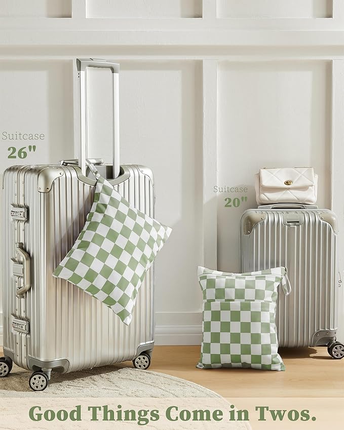 Ohocut Sage Green Checkered Waterproof Wet Dy Diaper Bag for Baby Essentials, Travel, Swimsuit, Beach Bag Accessories, Aesthetic Trendy Cute Toddler Baby Cloth Bag Pouch, Pack of 2