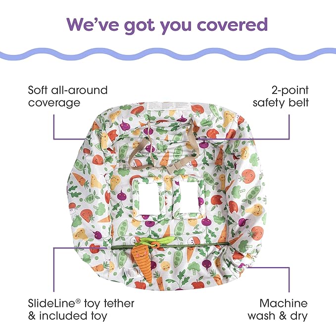 Boppy Shopping Cart Cover & High Chair Cover, Multi-Color Farmers Market, Cart Cover for Babies with Soft 360-Degree Coverage, SlideLine Toy Tether with Crinkle Leaf Toy Included, 6mo+