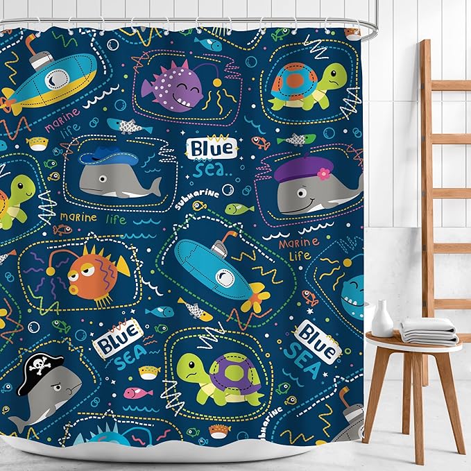 Funny Boys Ocean Shower Curtain 60Wx72H Navy Summer Kids Toddler Nursery Cartoon Sea Animal Cute Fish Fun Underwater Marine Coastal Bathroom Decor Bath Curtain Fabric Polyester 12 Pack Hooks