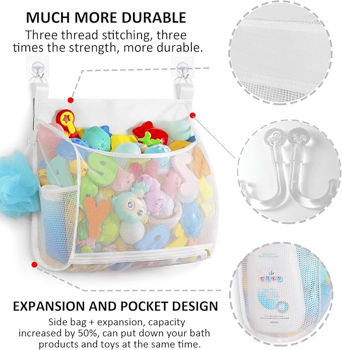 Ligereza Baby Mesh Bath Toy Organizer, Multiple Ways to Hang, Ultra Large Capacity & Large Opening, Bathroom Toy Holder, Bath Toy Storage Bag With 2 Side Pockets (White)