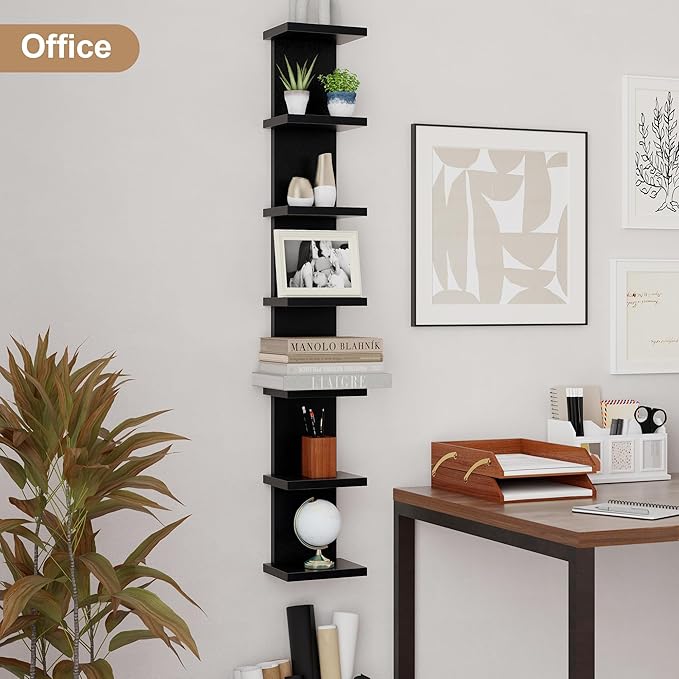 Fun Memories 7 Tier Wall Shelf Unit, Black Floating Shelves for Storage - Vertical Column Tower Design, Lack Wall Shelf Space Saving Organizer for Bedroom, Living Room, Home Decor