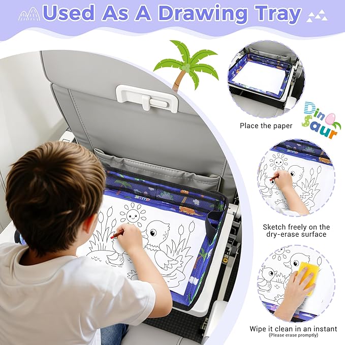 COOLBEBE Airplane Tray Table Cover, Foldable Travel Tray Cover for Toddlers 1-3, Universal Fit for Airplane, Car Seat, High Chair, Machine Washable, Portable, Blue Dinosaur